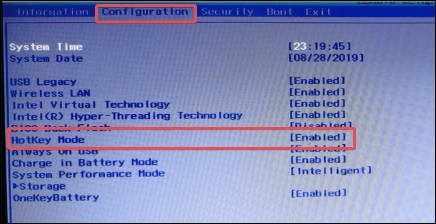 BIOS hotkey settings