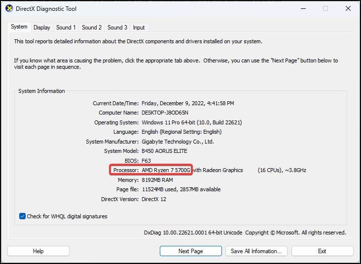 CPU gen in direct x manager