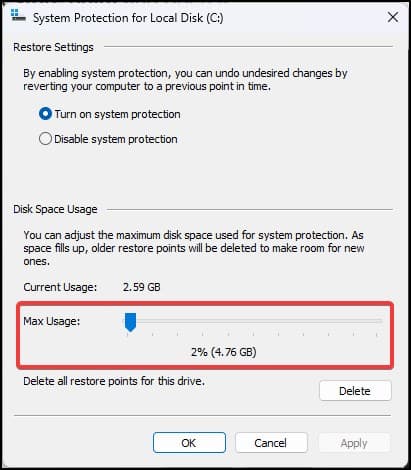 Change the disk usage