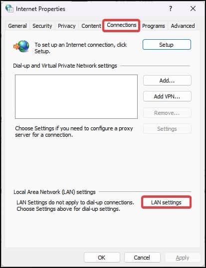 Connection tab in internet options