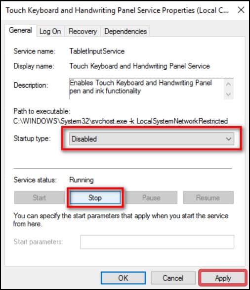 Disable touch keyboard services