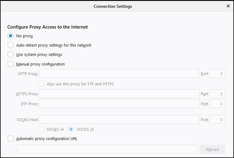 Firefox proxy settings