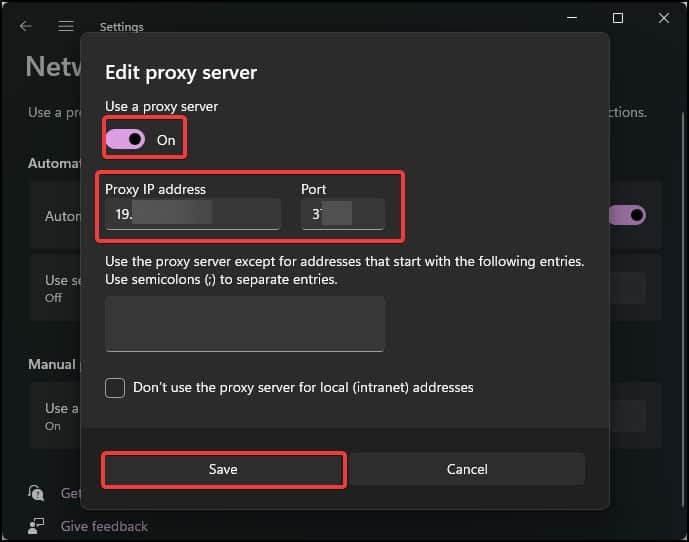 Manual proxy settings