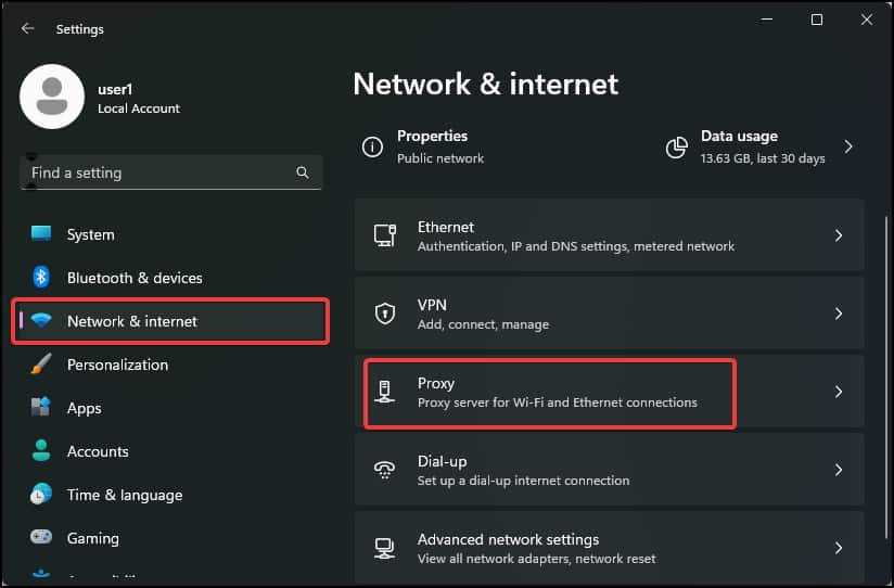 Network and internet proxy settings