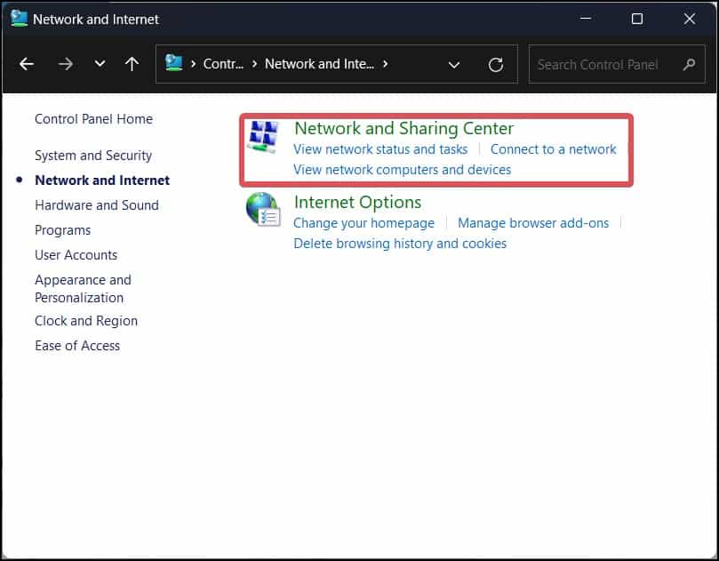 Network and sharing center