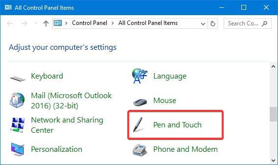 Pen and touch settings in control panel