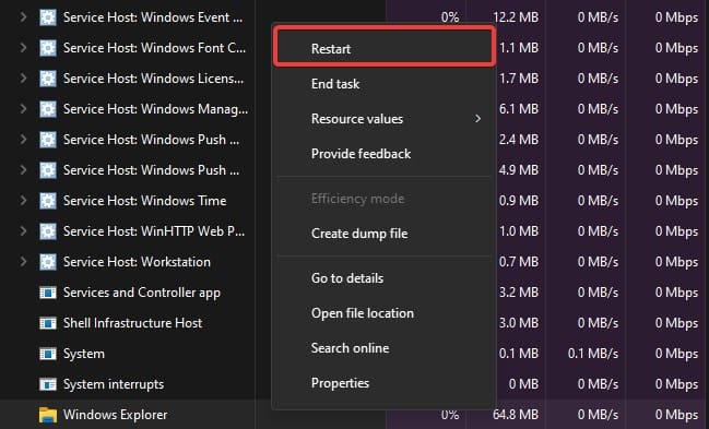 Restart Windows explorer