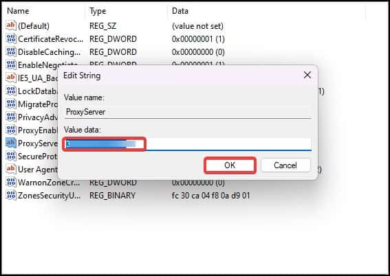 Set the proxy address and port