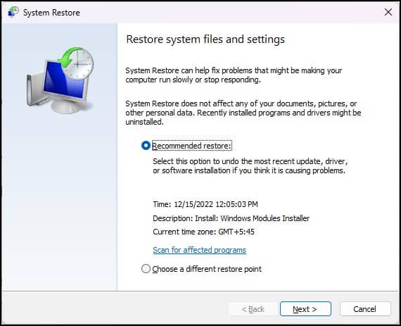 System restore recommended restore