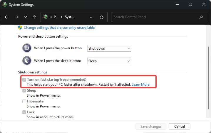 Turn on Fast startup