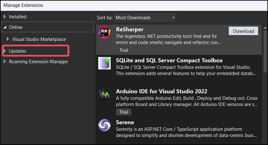 Visual Studio Updates for extensions