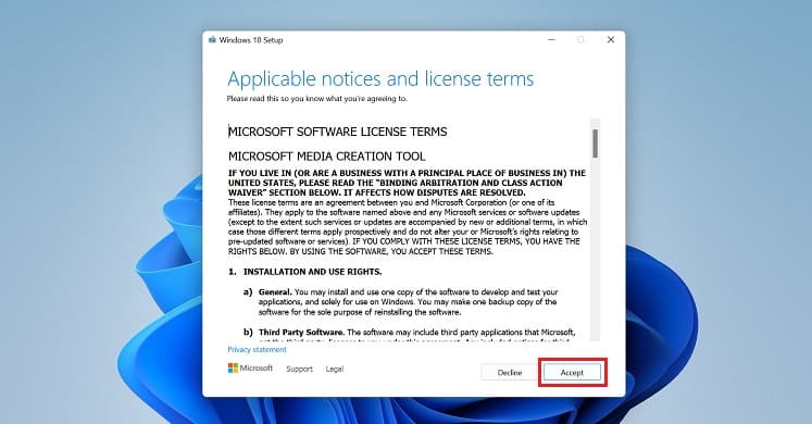 accept license terms windows setup