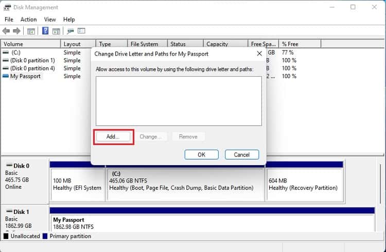 add button in change drive letter and path