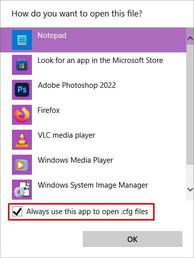 always use this app to open cfg files notepad