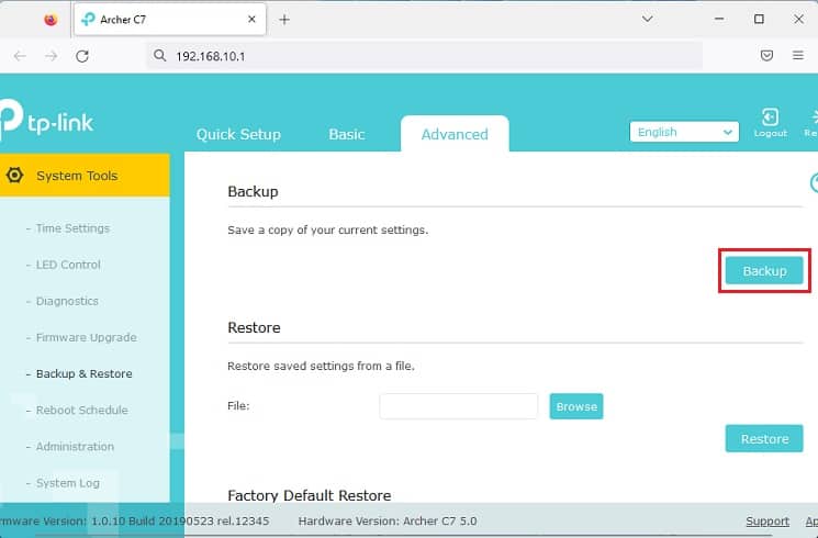 backup button in tp link router