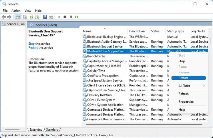 bluetooth service restart