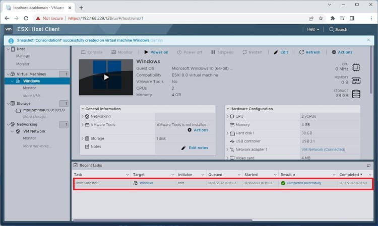 check recent tasks in vsphere