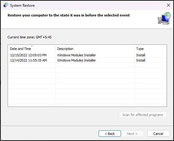 choose restore point'