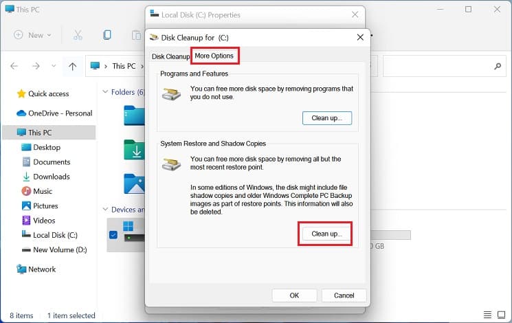 clean up button system restore and shadow copies