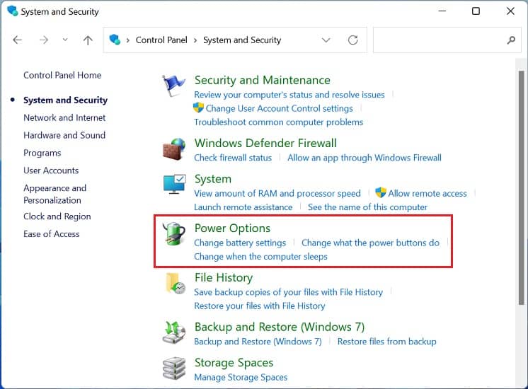 control panel power options