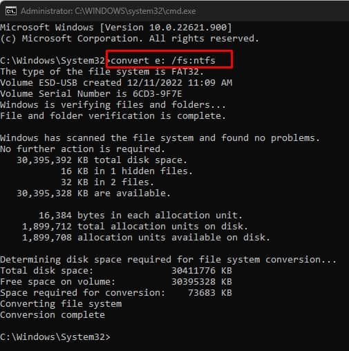 convert file system using command