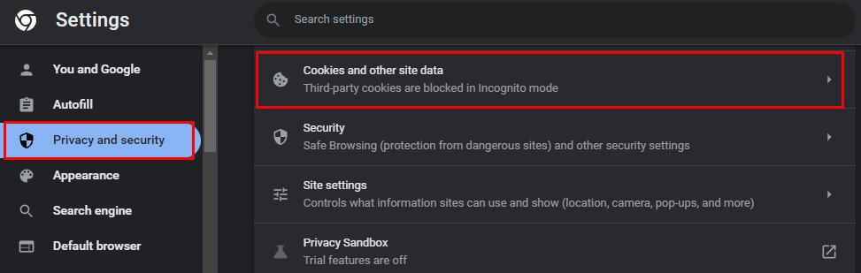 cookies and other site data