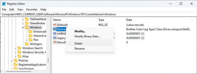 default-printer-device-value-regsitry