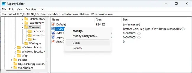 default-printer-device-value-regsitry