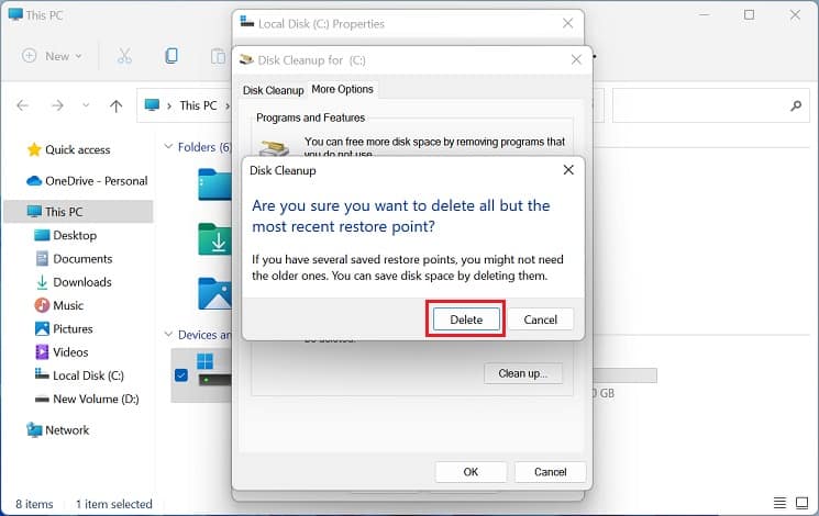 delete button in disk cleanup