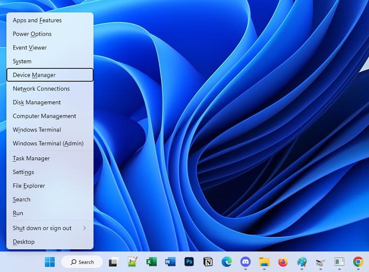 device manager in quick link menu