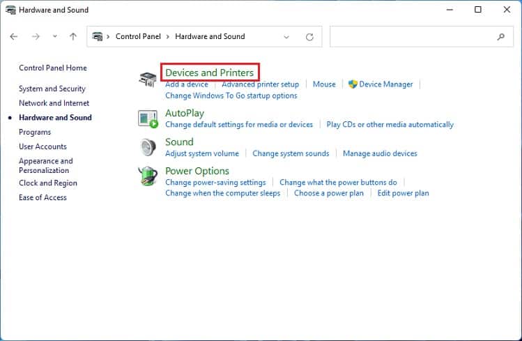 devices and printers in control panel