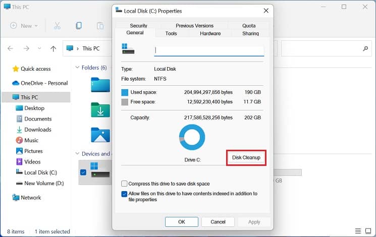 disk cleanup button in properties