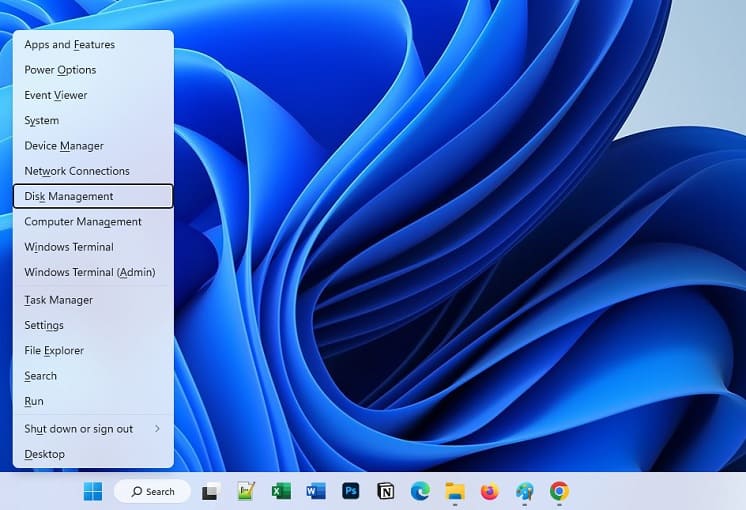 disk management in quick link menu