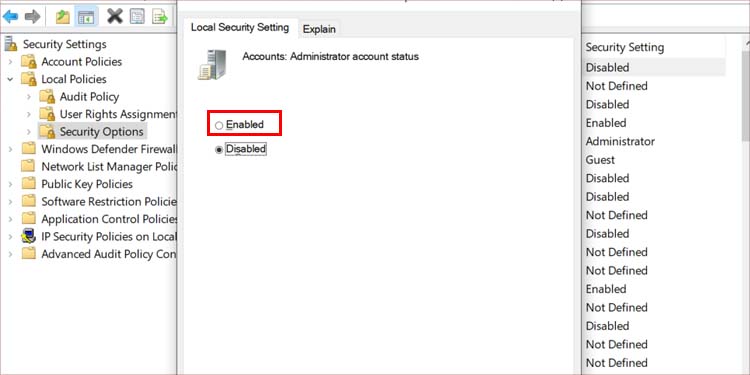 enable admin account