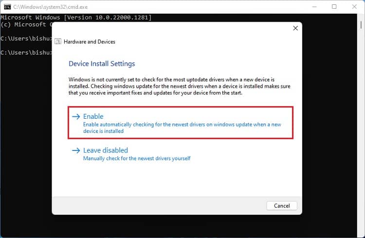 enable under device install settings