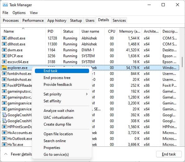 end explorer process from task manager