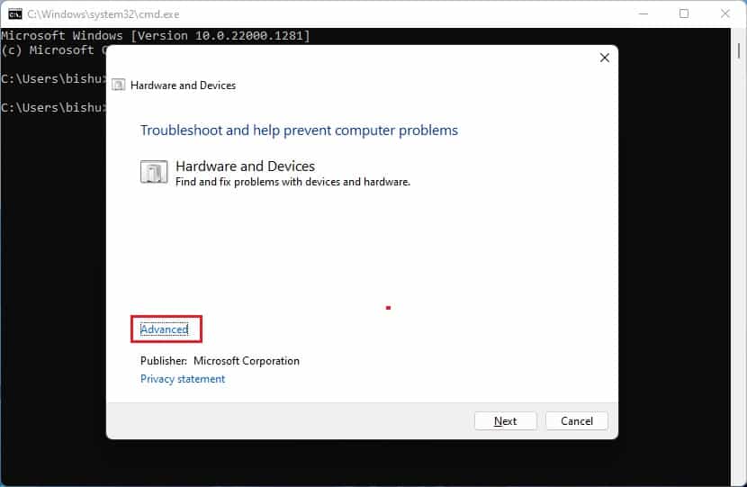 hardware and devices troubleshooter advanced