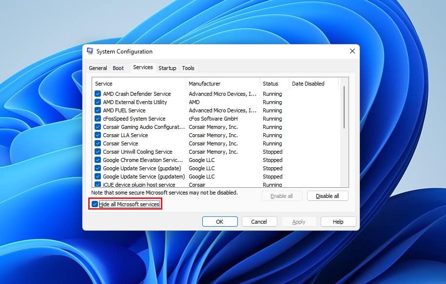 hide all microsoft services