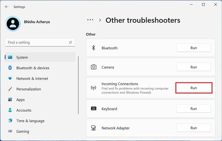 incoming connections run troubleshooter