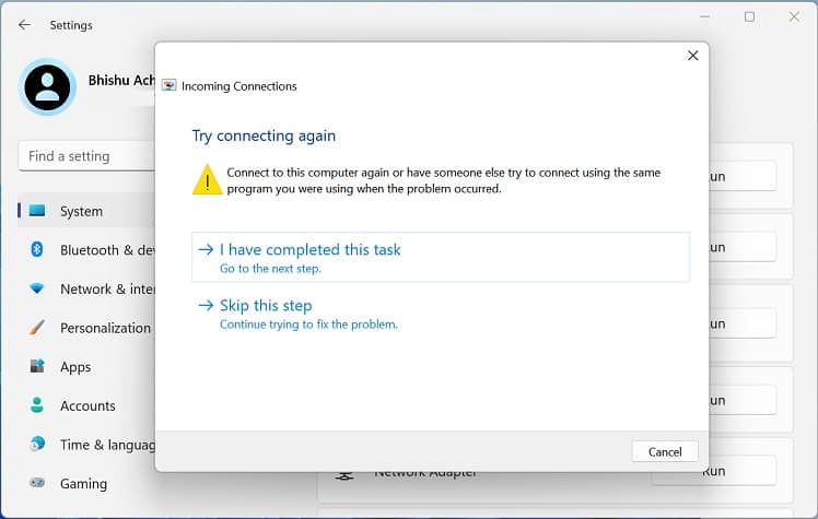 incoming connections troubleshooter