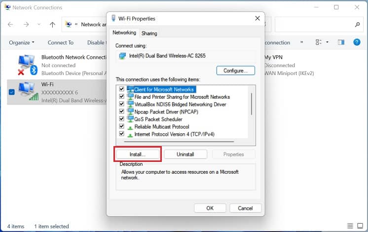 install button in wifi properties