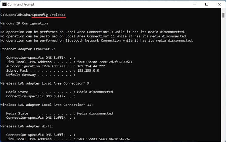 ipconfig release