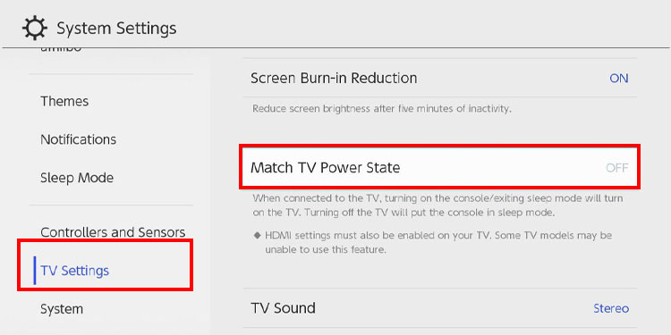 match tv power state switch not working