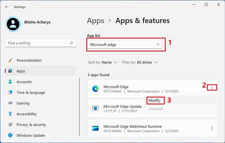 microsoft edge modify