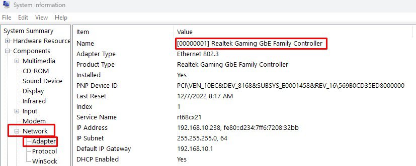 msinfo network adapter driver