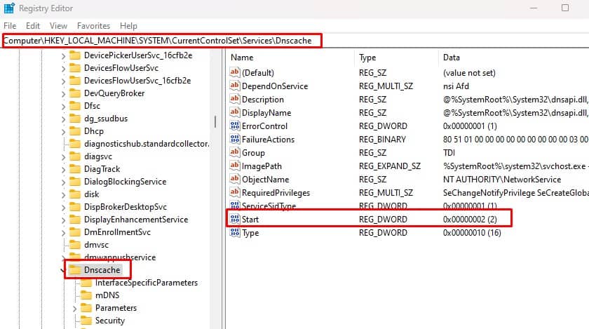 navigate dnscache registery