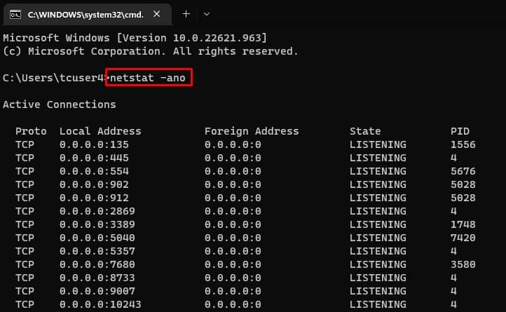 netstat ano
