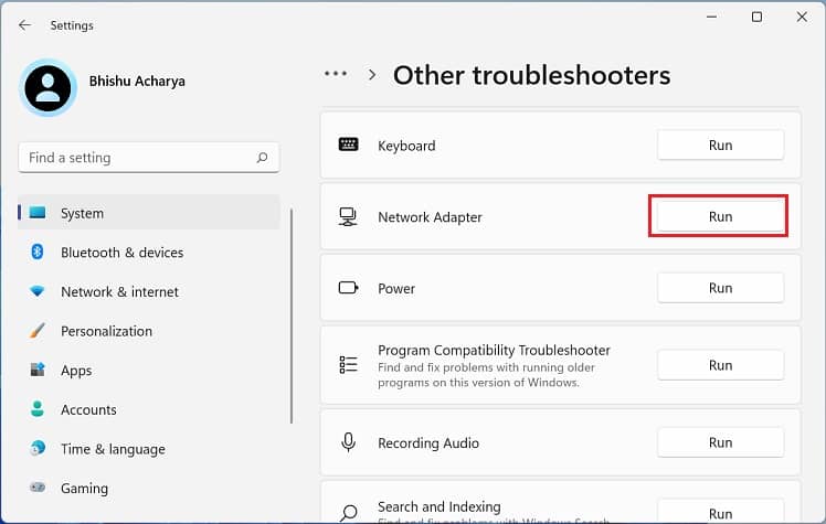 network adapter run troubleshooter