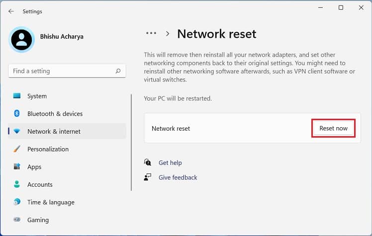 network reset now
