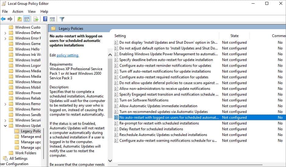 no auto restart group polic editor